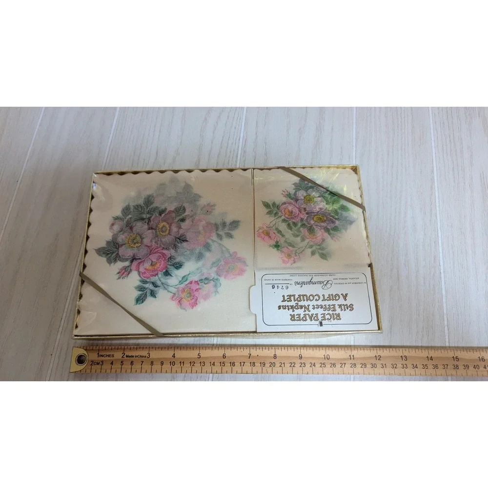 Baumgartens Napkins Set Cream Floral Rice Paper Silk Effect 60pc Vintage